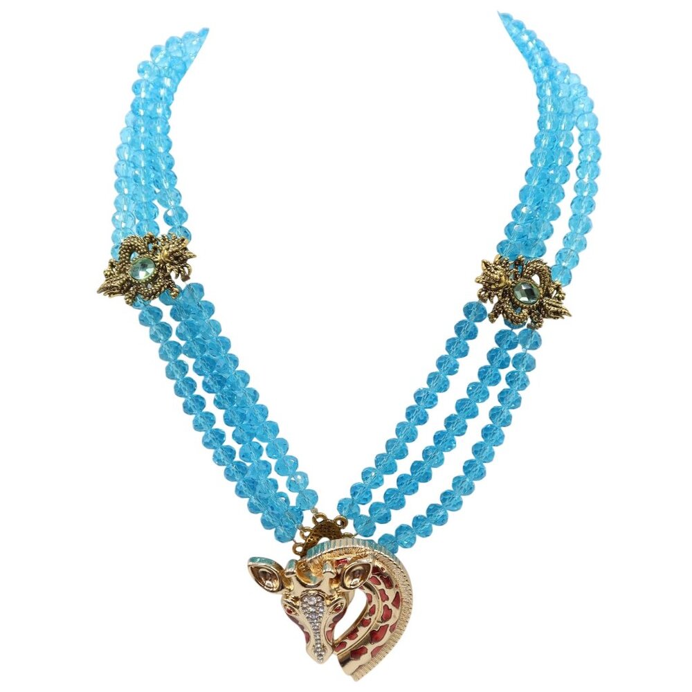 Bright Blue Faceted Bead & Magnetic Giraffe 3-Strand Statement Necklace Figural